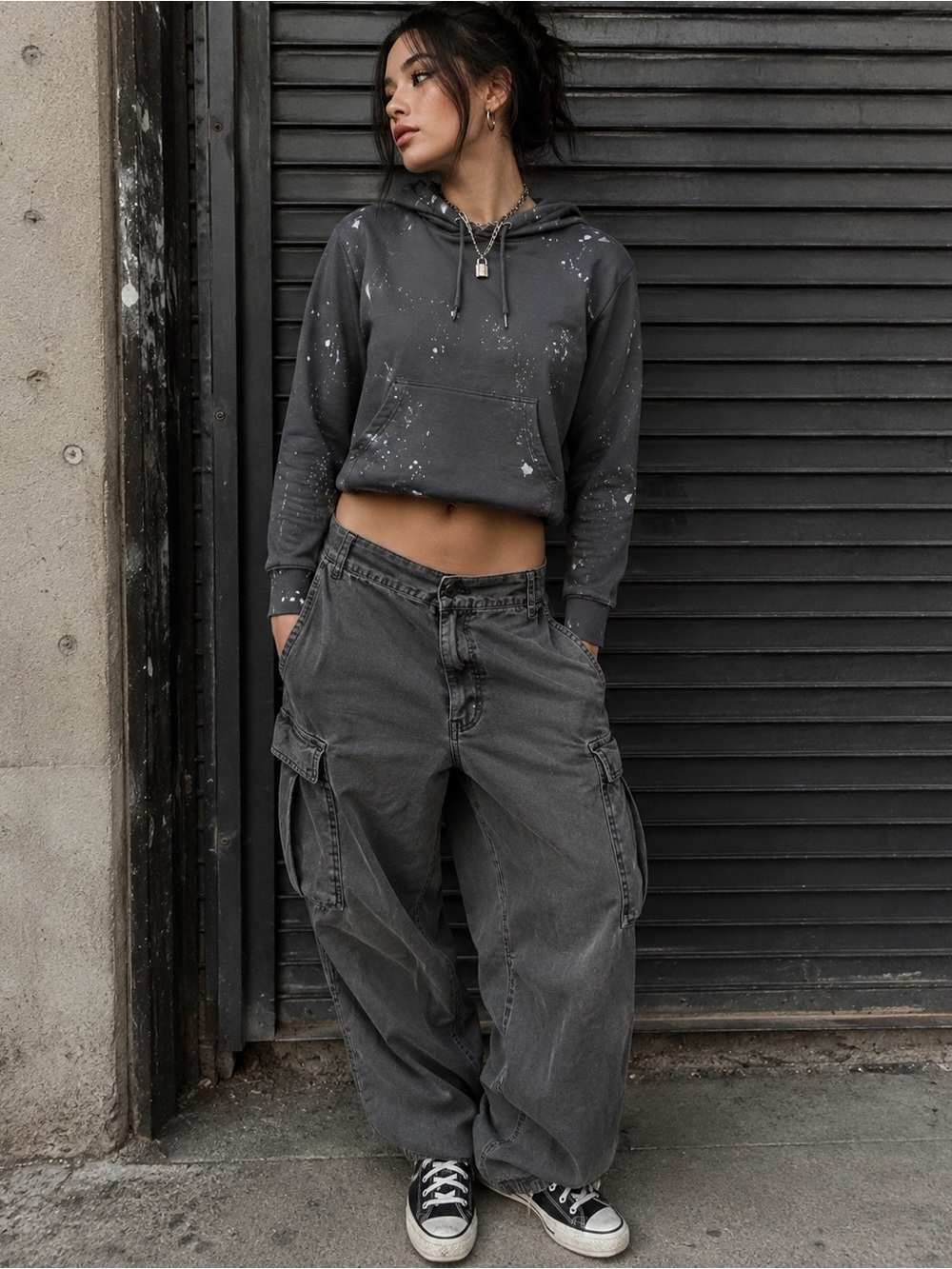 Abercrombie & Fitch Paint Splatter Hoodie XS Gray Cropped Boxy Grunge Y2K